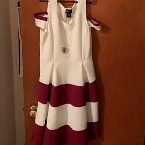 Burgundy and white dress.